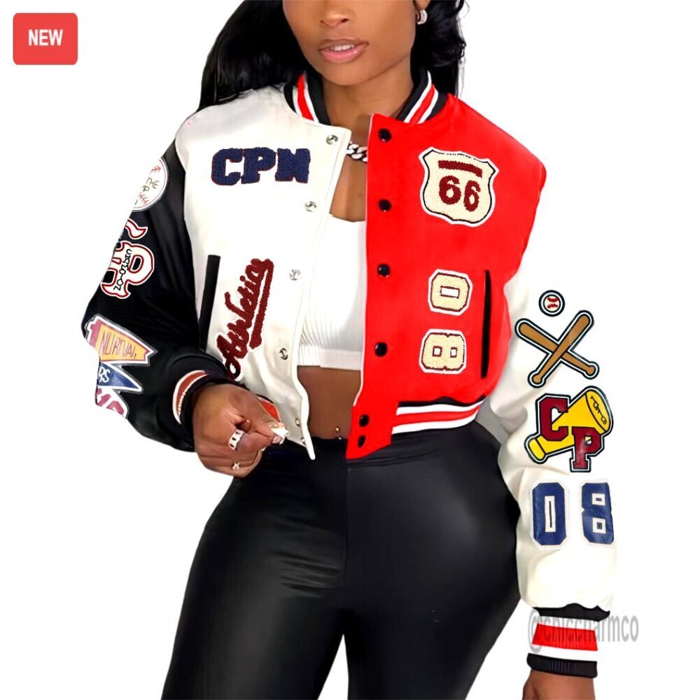 Cropped Bomber Leather Jacket with Patches Print, Sizes S-XXL, Street Style